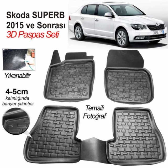 3D KAUÇUK PASPAS SKODA SUPERB 2015 VE SONRASI UYUMLU SİYAH
